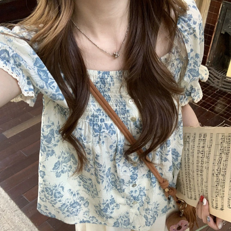 "Summer Jacaranda" Miaolab Floral Square Neck A-Line Doll Shirt with Puff Sleeves for Women "Summer Jacaranda" Miaolab Floral Square Neck A-Line Doll Shirt with Puff Sleeves for Women