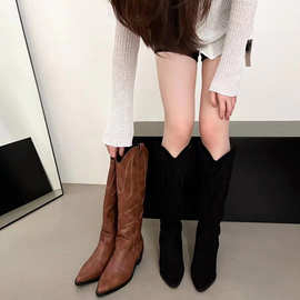 韩版时尚西部牛仔靴子女复古长筒靴秋夏季新款尖头英伦高筒骑士靴