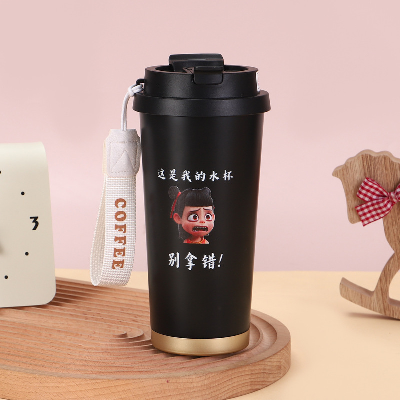 新款卡通双饮咖啡杯316不锈钢双层保温杯户外随行带提绳吸管杯|undefined
