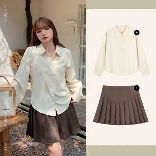 Retro Versatile Long-Sleeved Shirt and Skirt Suit Fat mm Large Size Autum Preppy Style Loose Two-Piece Set 10026