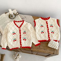 2023 Autumn Clothes for Infants and Toddlers Baby Girl Internet Celebrity Cherry Embroidery with Red Edge Knitted Vest Long Sleeve Cardigan Jacket