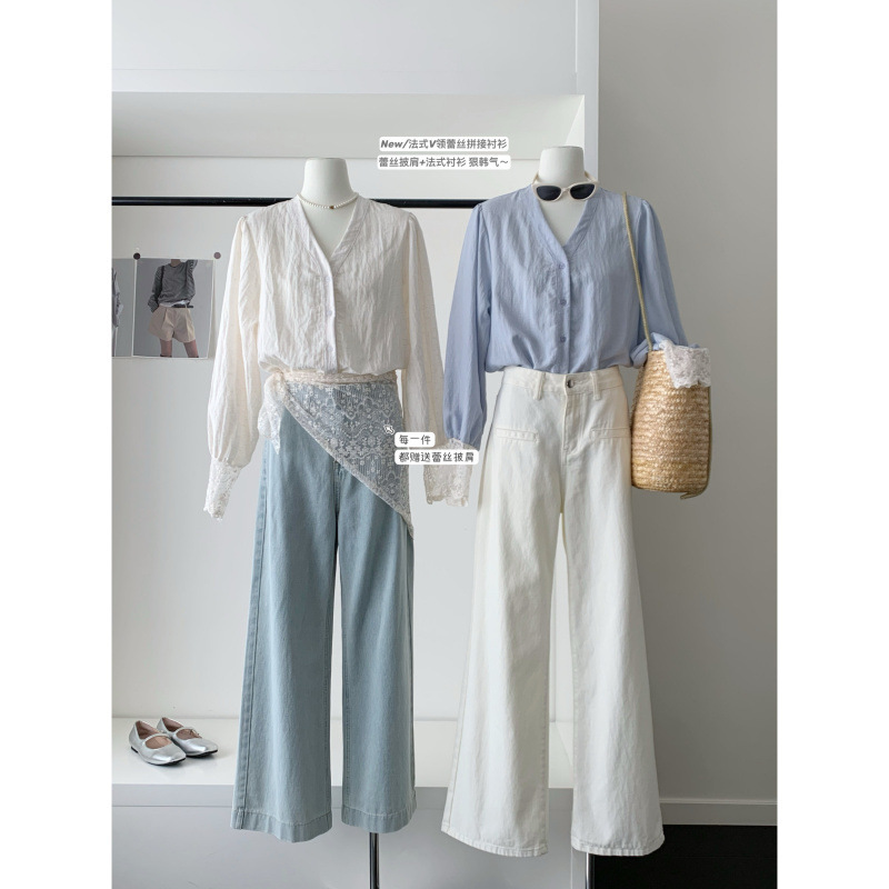 Senna New French Style Elegant Blue Linen Shirt Women's Cuff Lace Stitching Loose Long Sleeve V-neck Top for Women