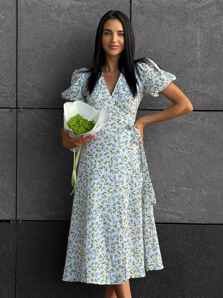 Đầm liền cotton in hoa cổ chữ V tay bồng buộc dây lưng cao — Hoa oải hương, Hoa tulip màu hồng, Màu be, Màu hồng chi tiết 120