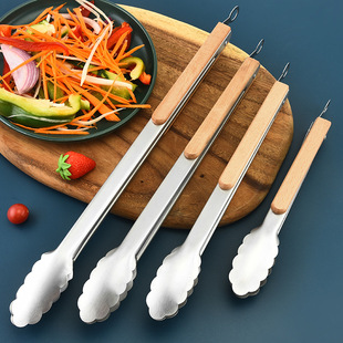 Stainless steel food clip wooden handle anti-slip strip food clip kitchen outdoor baking tools factory direct sale