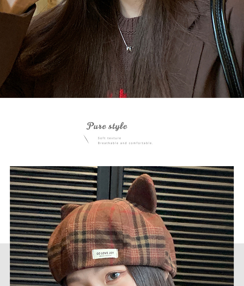 Britisches kariertes Barett, Herbst/Winter, Damen, Katzenohren, niedlich, achteckig, modisch, vielseitig, Malerhut_voghion.com