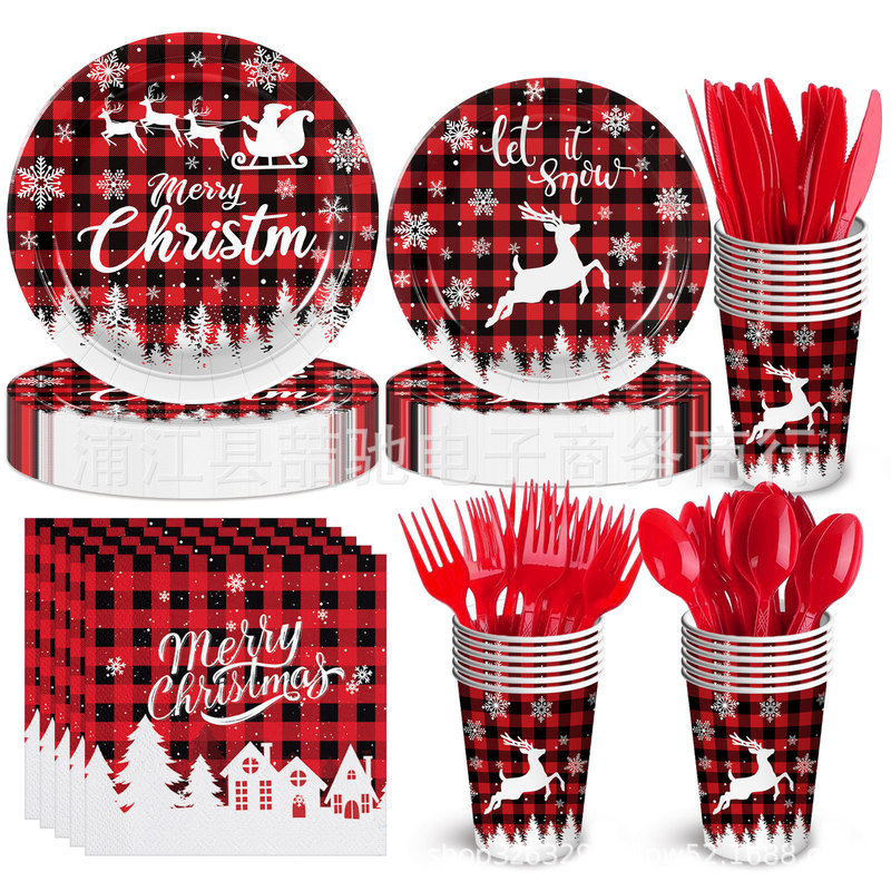Red Plaid Christmas Party Paper Plate Set Elk Paper Cup Paper Plate Paper Towel Disposable Festive Decoration Supplies