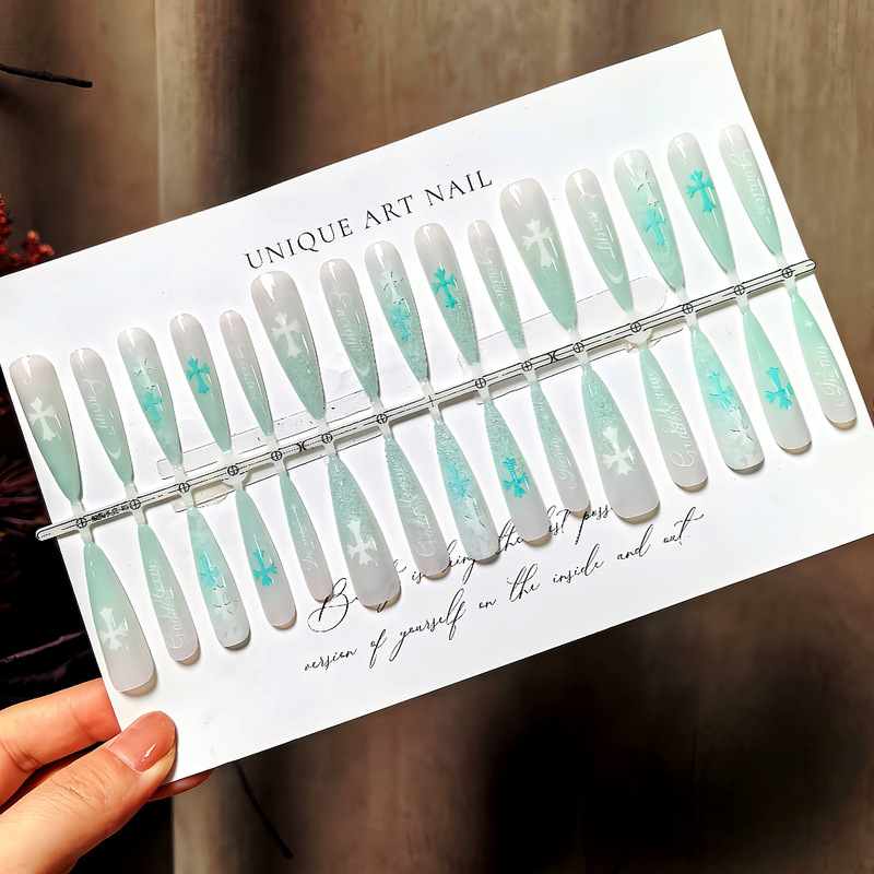 S624-Pre-Made Mint Green Full-Length Nails with a Cool, Niche Cross Design, High-End Detachable Nail Pieces