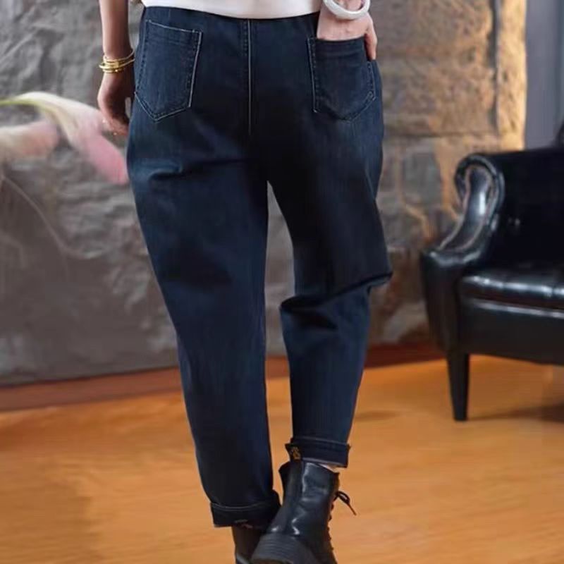 冬季新款牛仔裤小脚裤休闲宽松加绒妈妈裤抖音爆款萝卜裤时尚高档