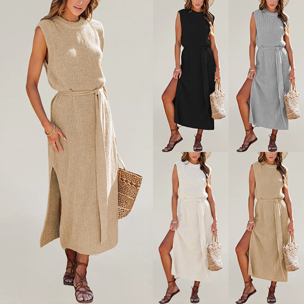 2026 Amazon Aliexpress New Hot-Selling European and American Women's Fashion Round-Neck Solid Color Dress with Slit and Belt Knitwear