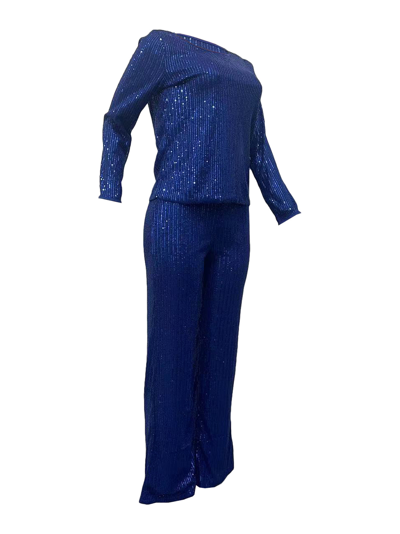 Women's Clothing new sequined solid color long sleeved trousers two piece set_voghion.com