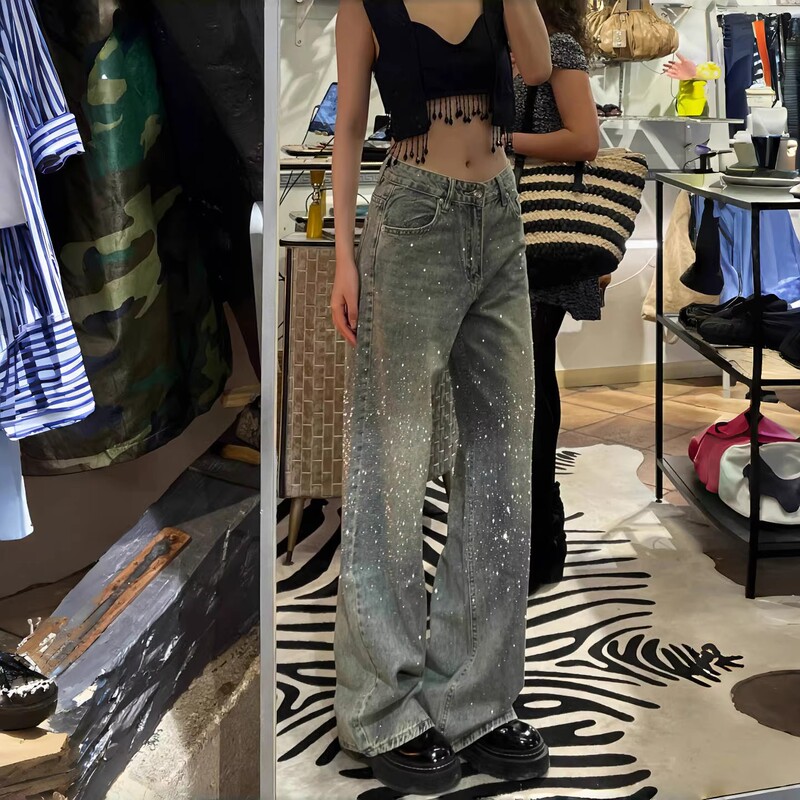 Paris Retro Style Design Rhinestone Sparkling Jeans for Women, Starry Niche Heavy-Duty Loose Millennium Straight-Leg Pants Paris Retro Style Design Rhinestone Sparkling Jeans for Women, Starry Niche Heavy-Duty Loose Millennium Straight-Leg Pants