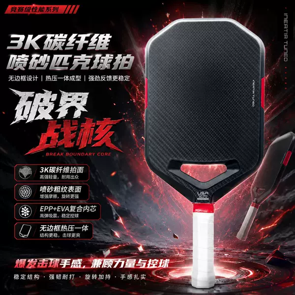 Thermoformed one-piece frameless EPP+EVA core pickleball paddle with 3K carbon fiber surface and frosted hollow design