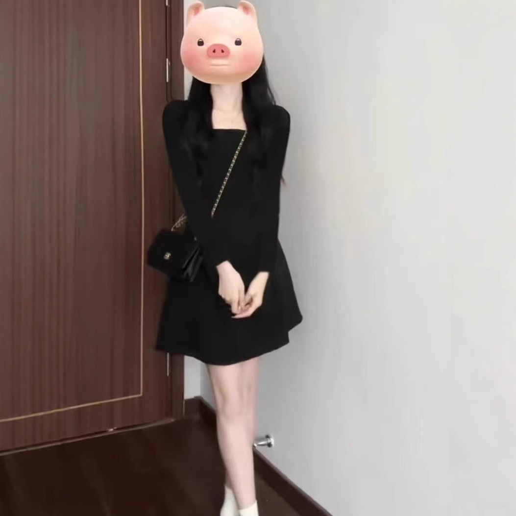 헵번 프랑스 스타일 블랙 스퀘어 칼라 긴 소매 원피스 슬림 새로운 도착 작은 허리 검은 치마