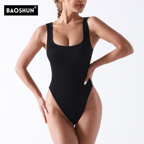 Bikini Triangle Waist Cinching Yoga Bodysuit Ribbed Bodysuit Seamless Exercise Fitness Yoga Suit
