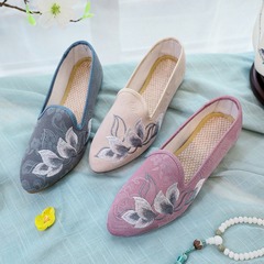 Stiletto shoes, single shoes with lotus embroidery, fabric shoes for qipao, stiletto mule women's shoes for spring and autumn.