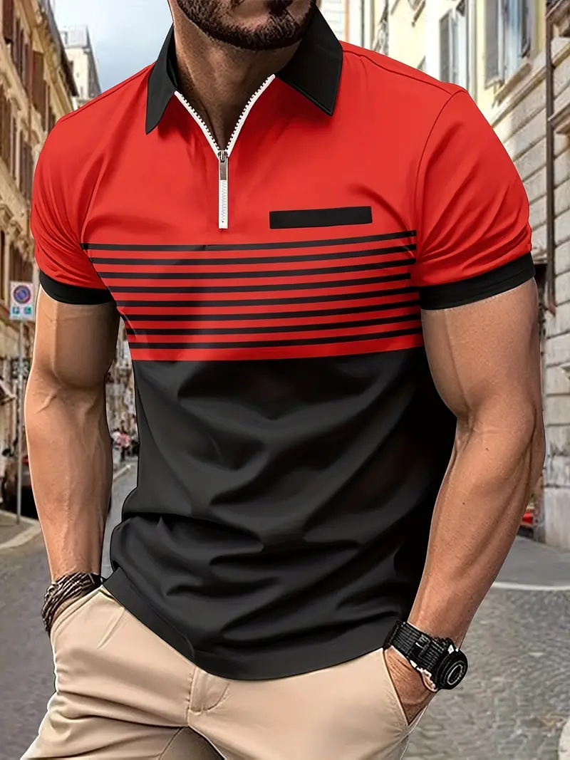 Striped Polo Shirt For Men With Turn-down Collar And Zipper_voghion.com