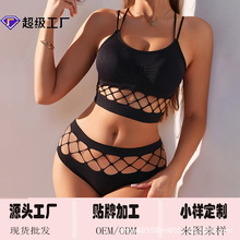 跨境欧美法式性感文胸套装镂空内衣女三角裤交叉吊带小背心亚马逊