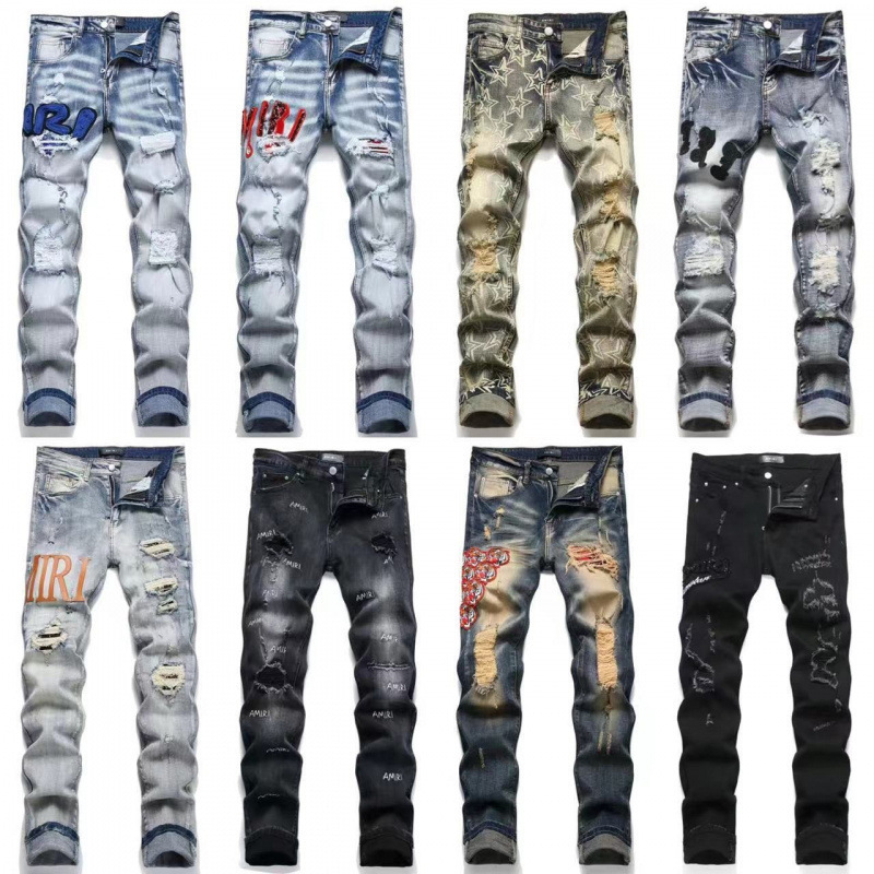 Spring and Summer Retro Splicing Ripped Patch Jeans Men's Embroidered Slim Fit Pants Men's Elastic Embroidered Long Pants