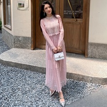 秋装新款女装粉色蕾丝长袖圆领假两件连衣裙透视小心机百褶长裙子