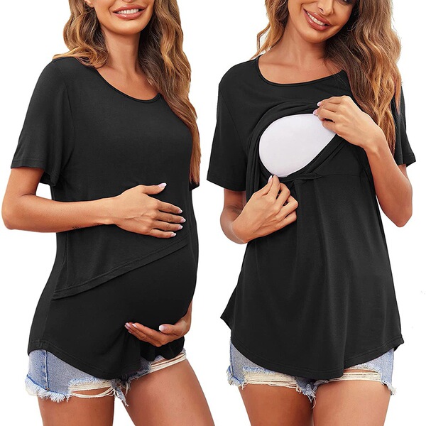 Summer solid color postpartum T-shirt for pregnant with a round…