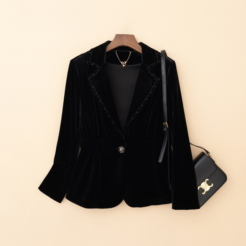 French-Style New Single-Button Waist-Cinching Elastic Rhinestone Black Slimming Commuter Blazer Velvet Jacket Blazer Top