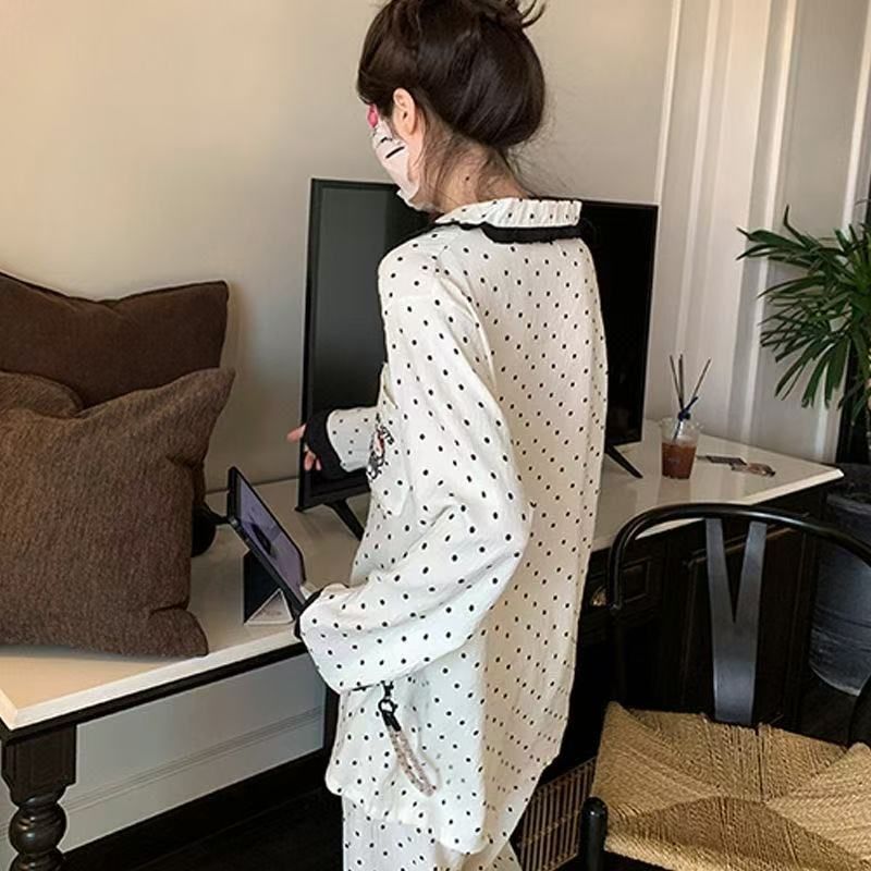 Nuevo pijama de gatito de lunares dulces para mujer primavera y otoño lindo traje de manga larga de encaje para niña
