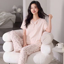 现当天发货棉质短袖长裤女生睡衣夏天新款开扣套头可外穿家居服两