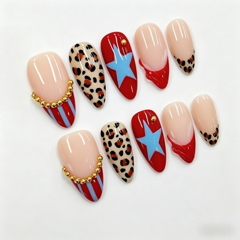 European and American Cross-Border Popular Wearable Nails, Spicy Girl Style, Independence Day Retro Leopard Print Star Nail Art, Fake Nails