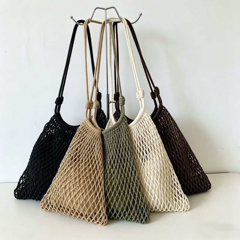 Korean-Style Cotton Thread Hand-Woven Fishnet Bag, Hollow Mesh Shoulder Bag, Large Capacity Tote Bag, Vacation Style Beach Bag
