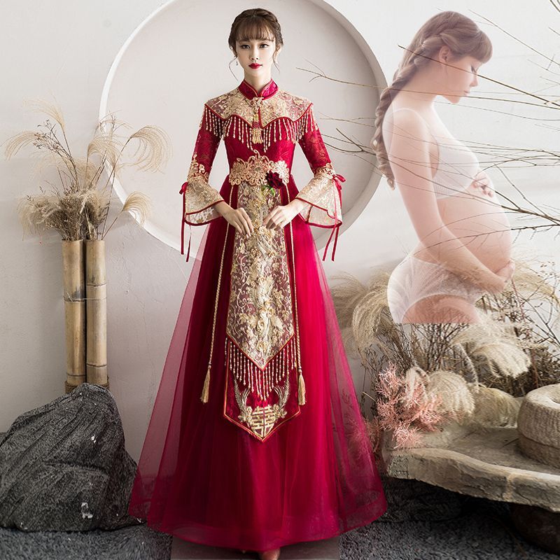 Maternity Toast Dress for 6 to 8 Months, High-Waisted to Cover Belly, 2024 New Style Xiuhe Dress for Bride, Chinese Wedding Thank-You Banquet