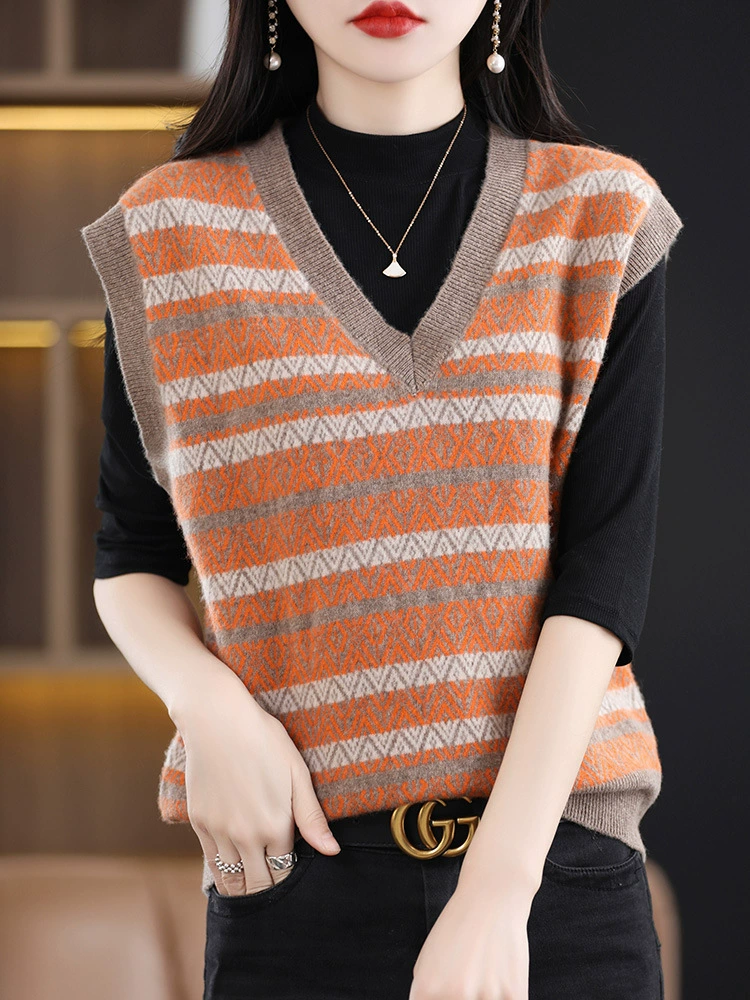 23 новые шерстяные шаткие жилеты кардиганы женские V-образные свободные полоски без рукавов дикие тонкие трикотажные плечи