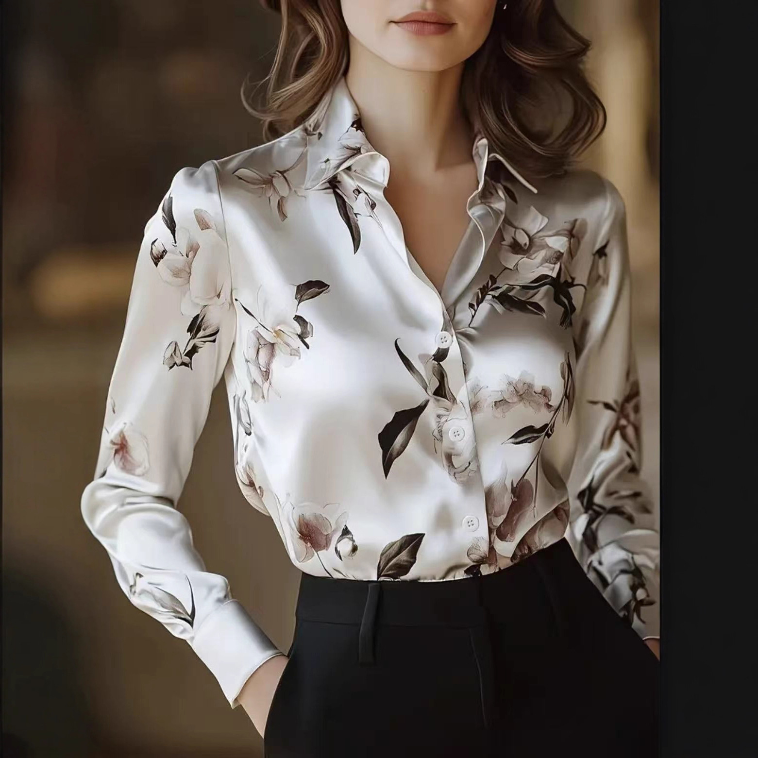 Cross-Border 2025 European and American Clothing Amazon Independent Station French Shirt Design Retro Oil Painting Long-Sleeved Shirt for Women