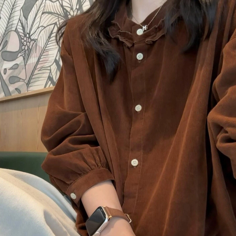 Caramel Brown Corduroy Shirt with Contrast Stitching and Lace Collar for Women, Early Autumn Vintage Casual Blouse, French Artistic Style Top Caramel Brown Corduroy Shirt with Contrast Stitching and Lace Collar for Women, Early Autumn Vintage Casual Blouse, French Artistic Style Top