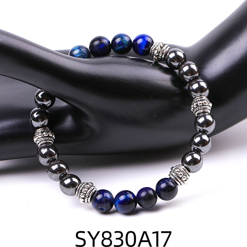 SY830A17 Blue Tiger Stone + Black Iron Ore Drum Bead Bracelet