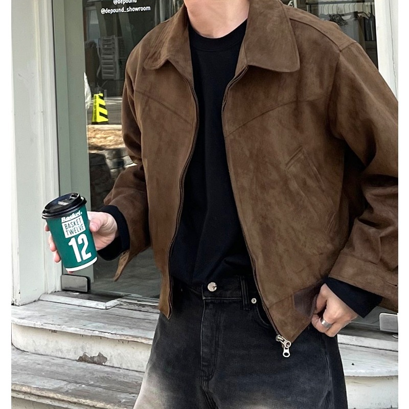 Maillard amerikai barna kávébarna velúr kabátot visel, férfi tavaszi és őszi vintage rövid repülőkabátot_voghion.com