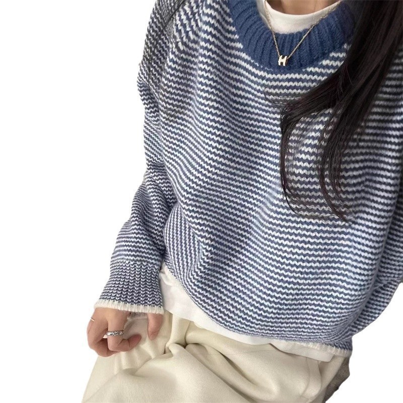 韩系冬季新款条纹圆领撞色毛衣女2025休闲减龄宽松套头针织衫上衣|undefined