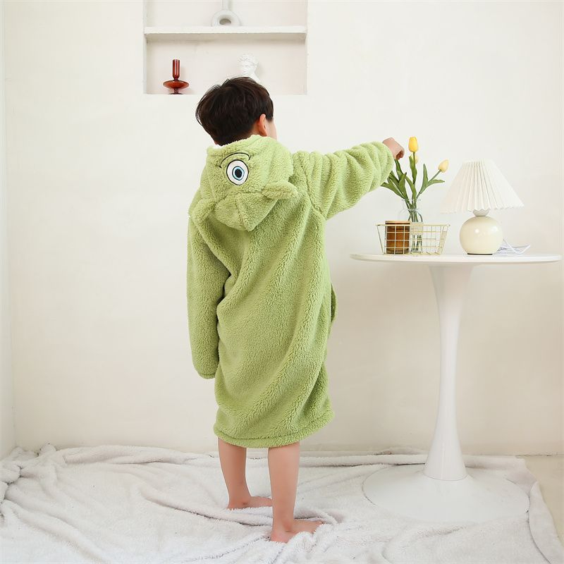 Children's Pajamas Big-eyed Nightgown Autumn and Winter Coral Fleece fleece-lined Thickened Middle and Large Children's Home Clothes Can Wear suit