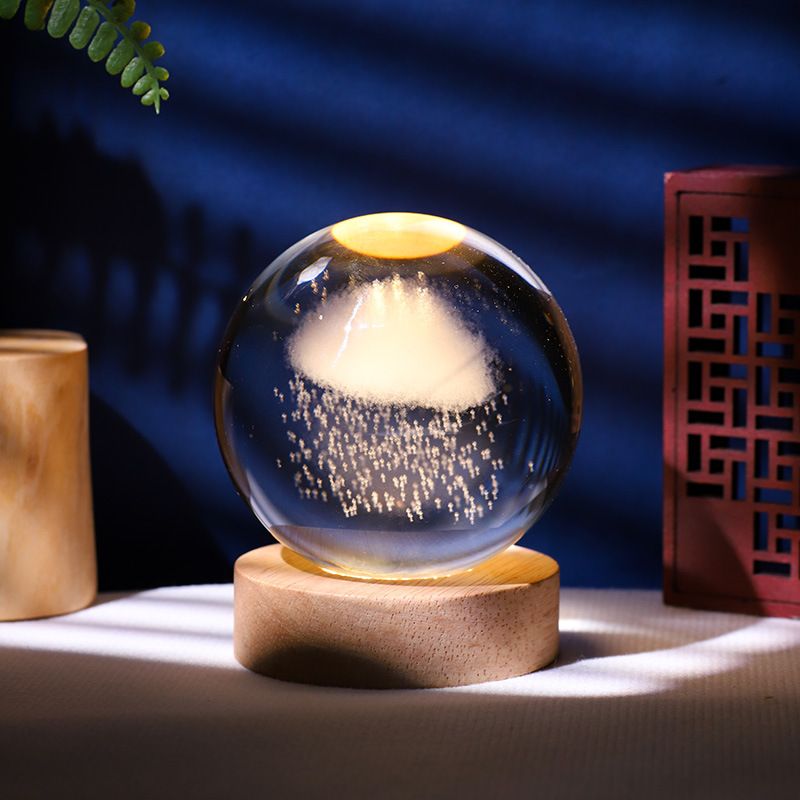Fabricante directo de lámpara de noche de cristal luminoso láser 3D tallado en base de madera sólida decoración de escritorio creativa pequeño regalo