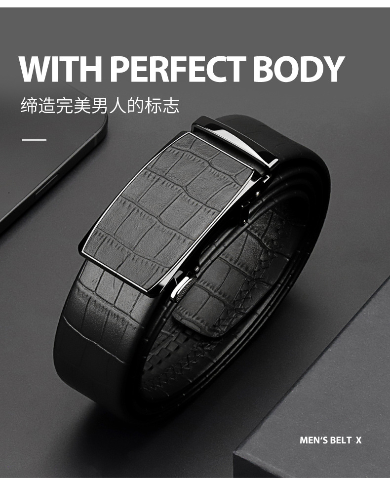 Top-grain Leather Crocodile Pattern Belt Men's Automatic Buckle Genuine Leather Waistband Premium Cowhide Men's Trouser Belt Gift