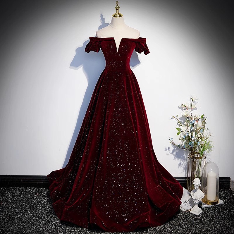 Burgundy One-Shoulder Evening Dress Female Stage Host High-End Dress Bride High-End Toast Dress Wholesale
