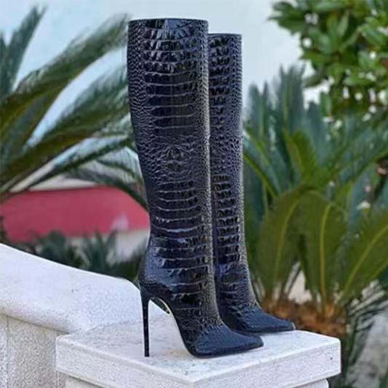 European and American Cross-Border Export Crocodile Pattern Stiletto Heel Sleeve Knee Boots 4647 Large Size Catwalk Fashion Dance Knight Boots