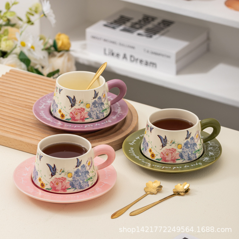 レトロ油絵コーヒーカップ皿セット陶磁器マグカップ小衆カップルカップ蝶コーヒーカップ皿ギフトボックス|undefined