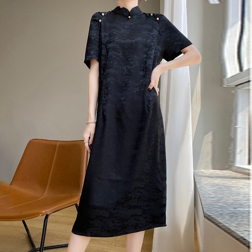 Silk Satin Acetate 2025 Spring Summer New Women's V-Neck Medium Length Slim Fit Hooded Chinese Style Cheongsam