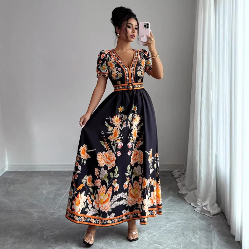 2026 Spring New Style V-Neck Ethnic Style Printed Satin Wrap Long Dress