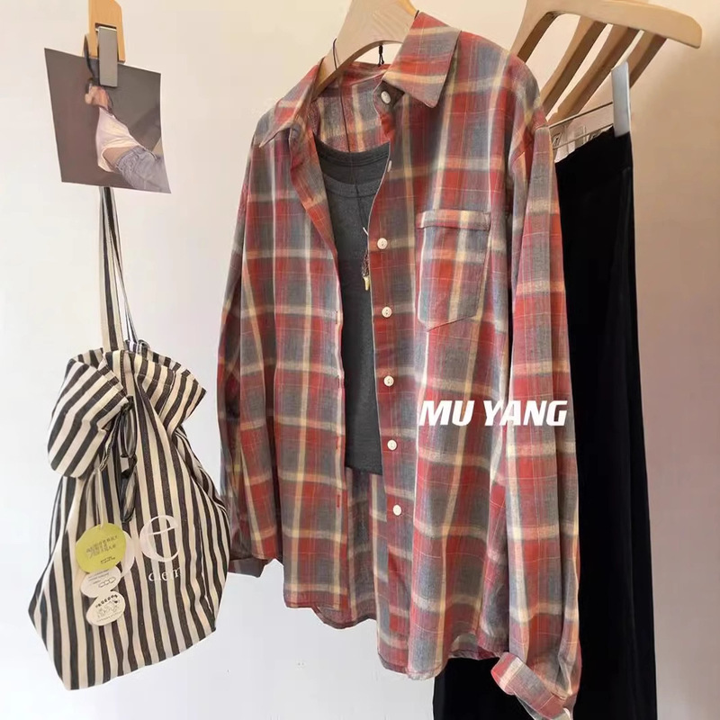 Two pieces! Lazy Retro Contrast Color Plaid Shirt Women's 2024 Autumn New Loose All-match Stacked-up Shirt Jacket
