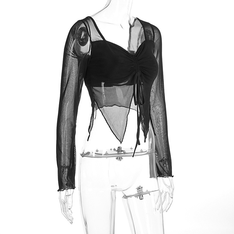 Women Autumn Winter Sexy Cropped Mesh Lace up Drawstring Short Long Sleeve Backless Top