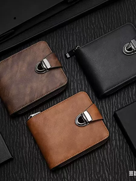 Cross-Border New Men's Short Wallet Retro Fashion Lock Loose Leaf Chain Bag Multi-Card Slot Coin Purse Wholesale