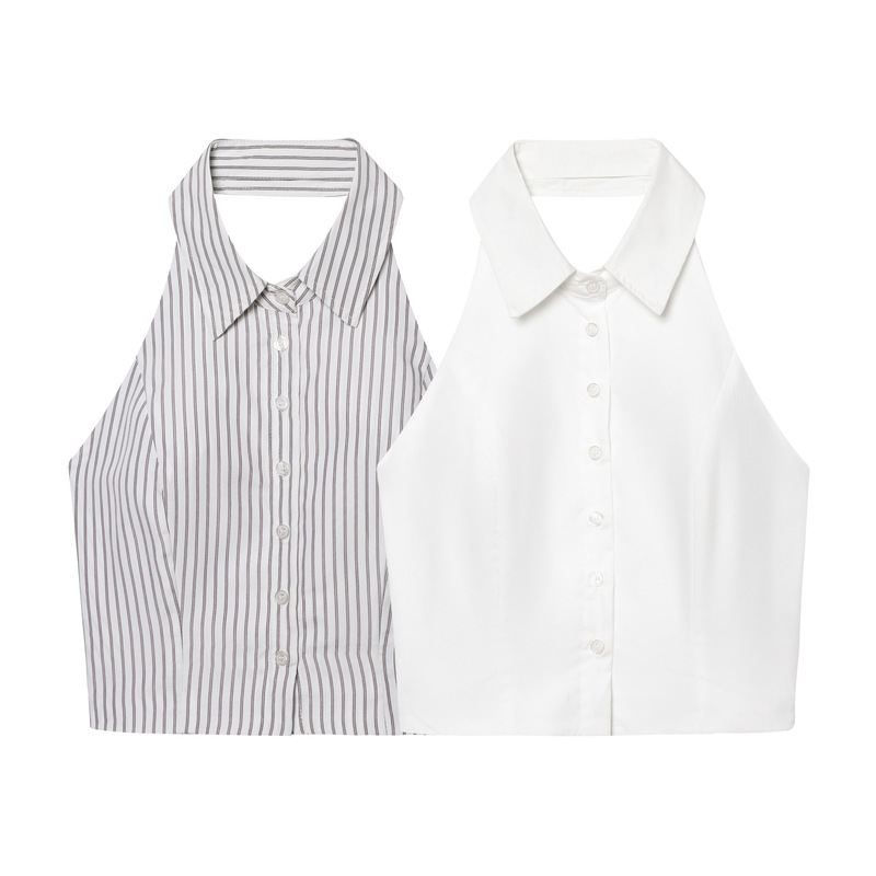 6787-25 Korean version of slim-fit lapel backless shirt collar hanging neck short single-breasted wireless shirt vest