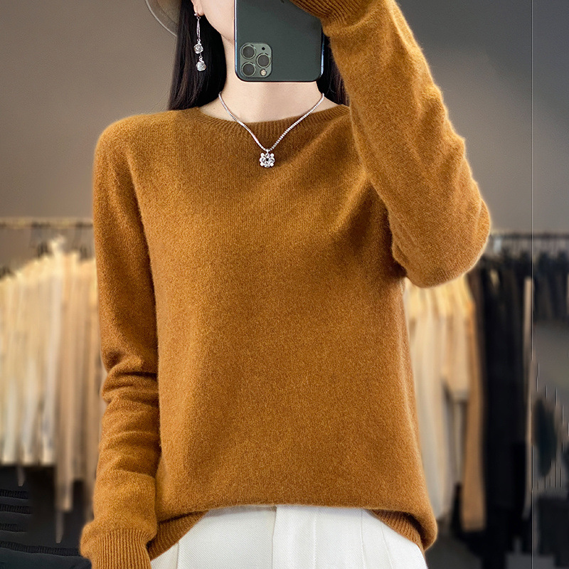 Otoño e Invierno 100% suéter de lana pura de las mujeres de cuello redondo Jersey corto de lana de manga larga suéter recto suéter a juego ropa exterior