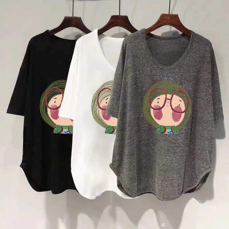 Short-Sleeved T-Shirt for Women, Summer Loose Fit, Plus Size, Medium-Long Style, Uv Collar, Curved Design, Slimming Top for Women, Trendy Short-Sleeved T-Shirt for Women, Summer Loose Fit, Plus Size, Medium-Long Style, Uv Collar, Curved Design, Slimming Top for Women, Trendy